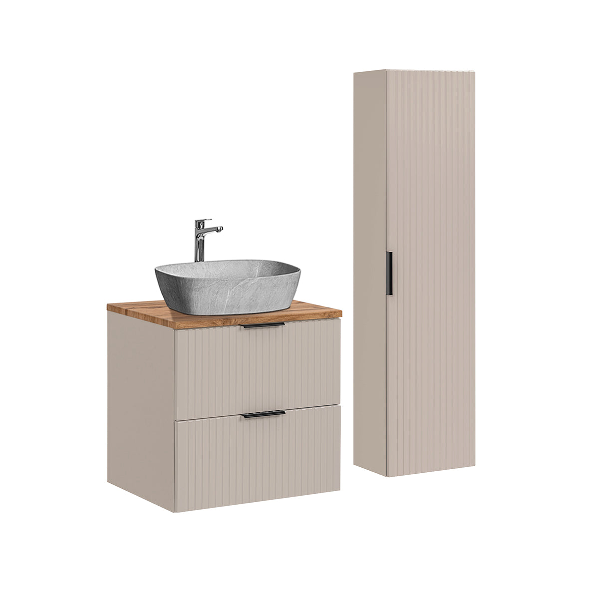 Conjunto de muebles con lavabo individual 60cm y columna adriel cachemira madera y imitación piedra
