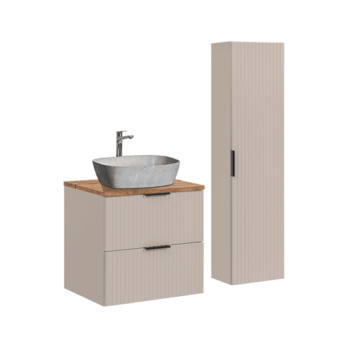 Lavatório individual de 60 cm e móvel de apoio Adriel Cashmere com efeito de madeira e pedra