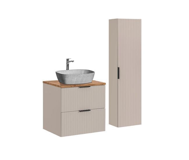 Conjunto de muebles con lavabo individual 60cm y columna adriel cachemira madera y imitación piedra