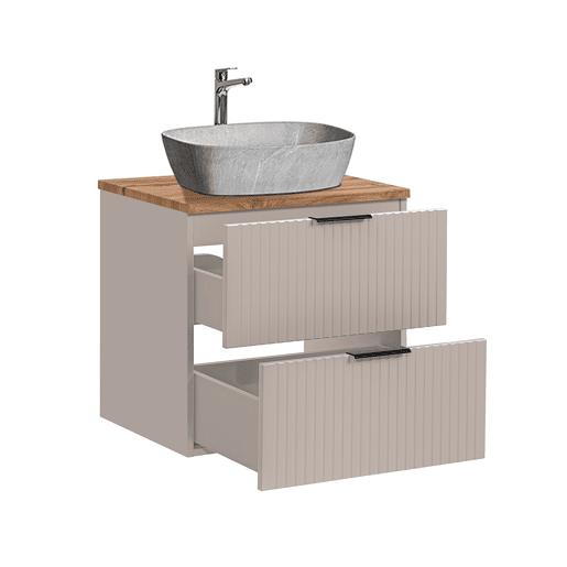 Lavatório individual de 60 cm e móvel de apoio Adriel Cashmere com efeito de madeira e pedra
