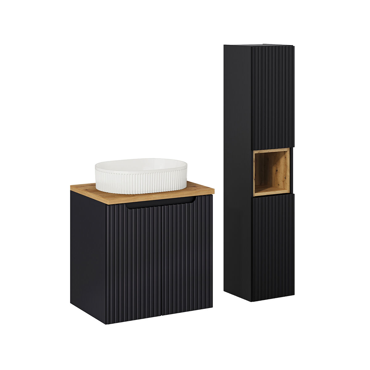 Conjunto de muebles con lavabo individual 60cm 2 puertas y columna riva negro y madera