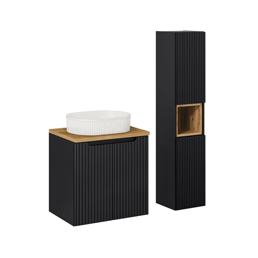 Conjunto móvel de lavatório simples 60cm 2 portas e coluna Riva Preto e Madeira