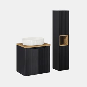 Conjunto móvel de lavatório simples 60cm 2 portas e coluna Riva Preto e Madeira