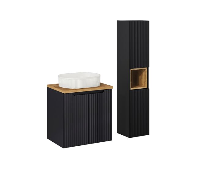 Conjunto de muebles con lavabo individual 60cm 2 puertas y columna riva negro y madera