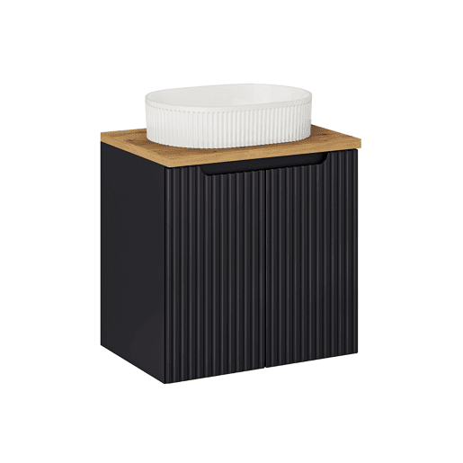 Conjunto móvel de lavatório simples 60cm 2 portas e coluna Riva Preto e Madeira