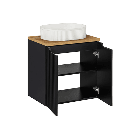 Conjunto móvel de lavatório simples 60cm 2 portas e coluna Riva Preto e Madeira