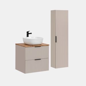 Conjunto móvel lavatório simples 60cm e coluna Adriel Caxemira e Madeira