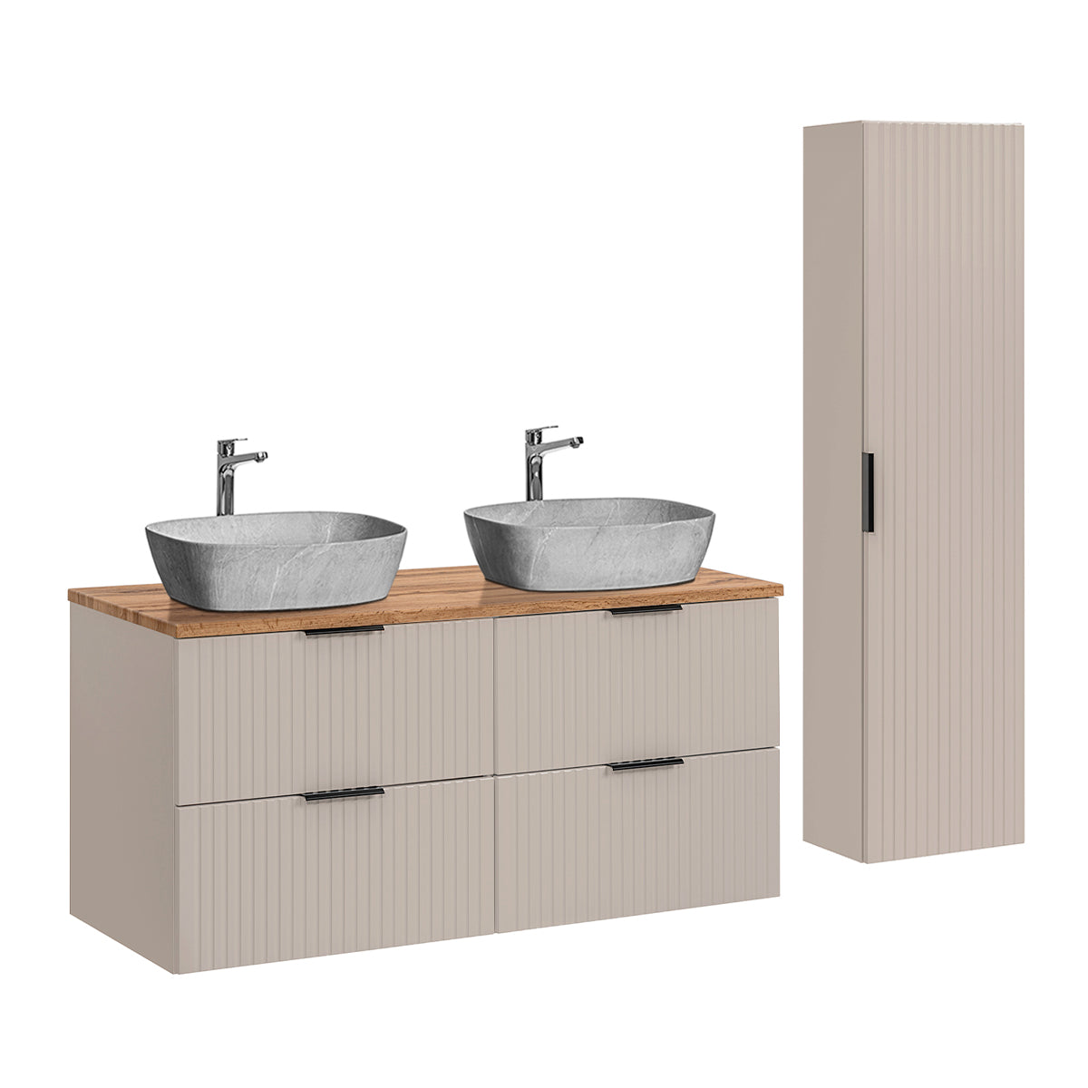 Conjunto de muebles con doble lavabo 120cm y columna adriel cachemira madera y imitación piedra