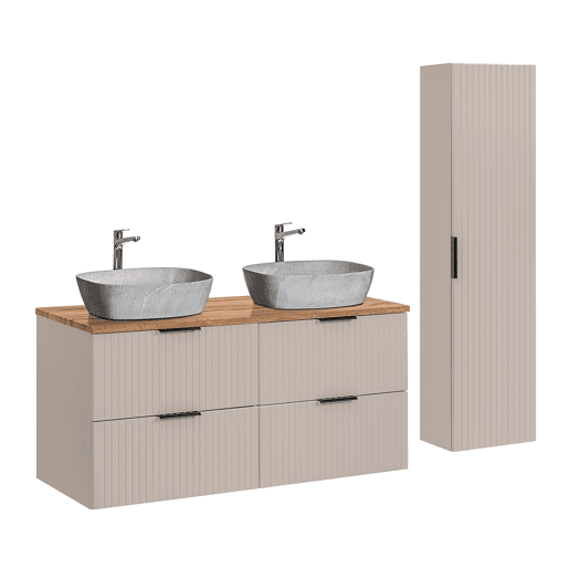 Ensemble meuble double vasque 120cm et colonne Adriel Cachemire Bois et effet Pierre