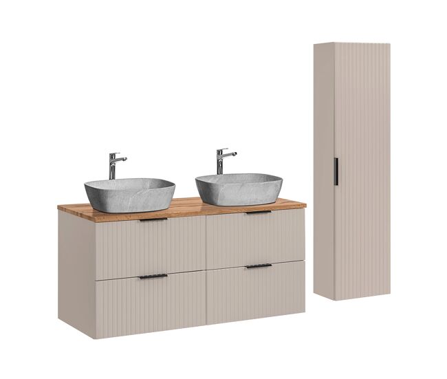 Conjunto de muebles con doble lavabo 120cm y columna adriel cachemira madera y imitación piedra