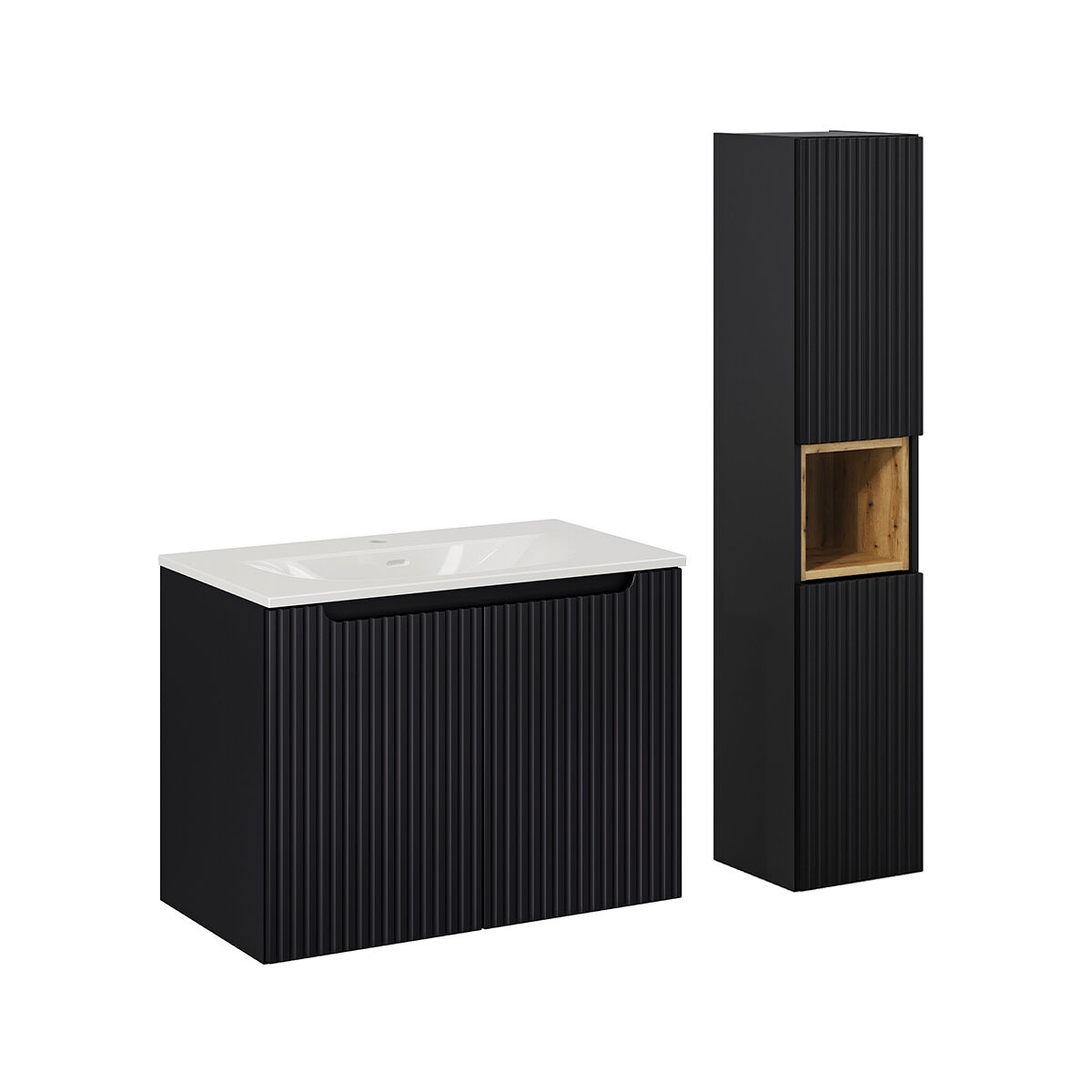 Conjunto de muebles lavabo individual encastrado 80cm 2 puertas y columna riva negro y madera