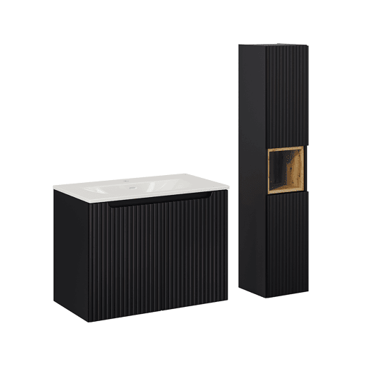 Conjunto móvel de lavatório simples encastrado 80cm 2 portas e coluna Riva Preto e Madeira