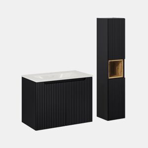 Conjunto móvel de lavatório simples encastrado 80cm 2 portas e coluna Riva Preto e Madeira