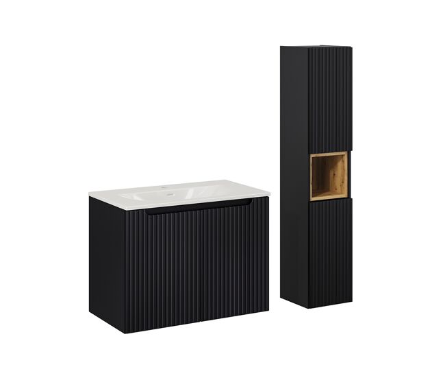 Conjunto de muebles lavabo individual encastrado 80cm 2 puertas y columna riva negro y madera