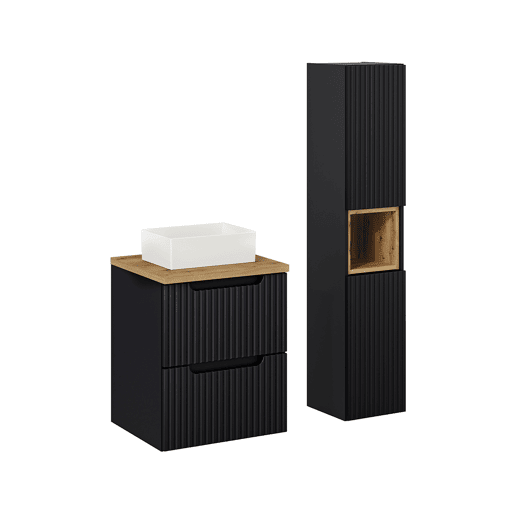 Conjunto móvel de lavatório simples 50cm 2 gavetas e coluna Riva Preto e Madeira