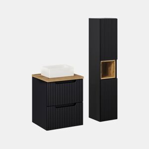 Conjunto móvel de lavatório simples 50cm 2 gavetas e coluna Riva Preto e Madeira