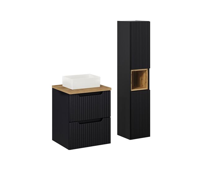 Conjunto de muebles con lavabo individual 50cm 2 cajones y columna riva negro y madera
