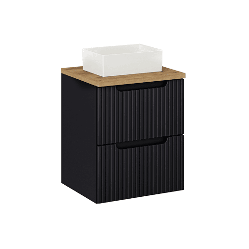 Conjunto móvel de lavatório simples 50cm 2 gavetas e coluna Riva Preto e Madeira