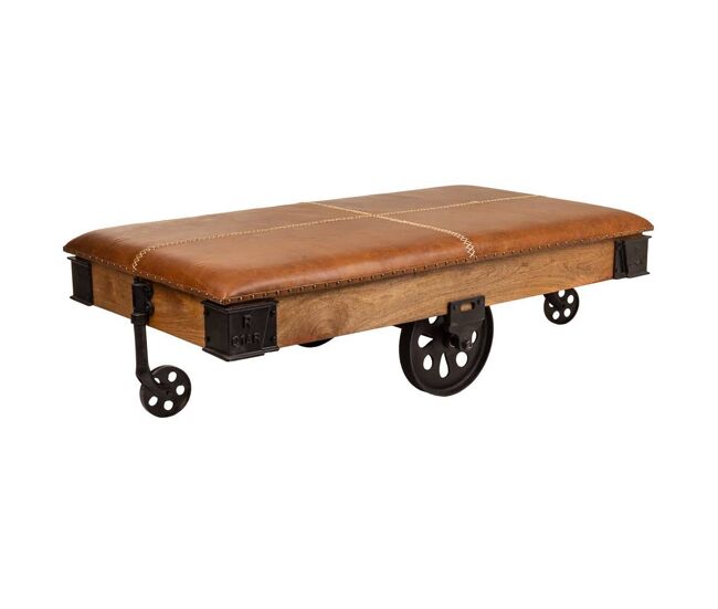 Mesa de centro de madera, metal y piel marrón 165x90x52