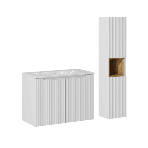 Conjunto móvel lavatório simples 80cm 2 portas e coluna Riva Branco e Madeira