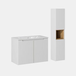Conjunto móvel lavatório simples 80cm 2 portas e coluna Riva Branco e Madeira