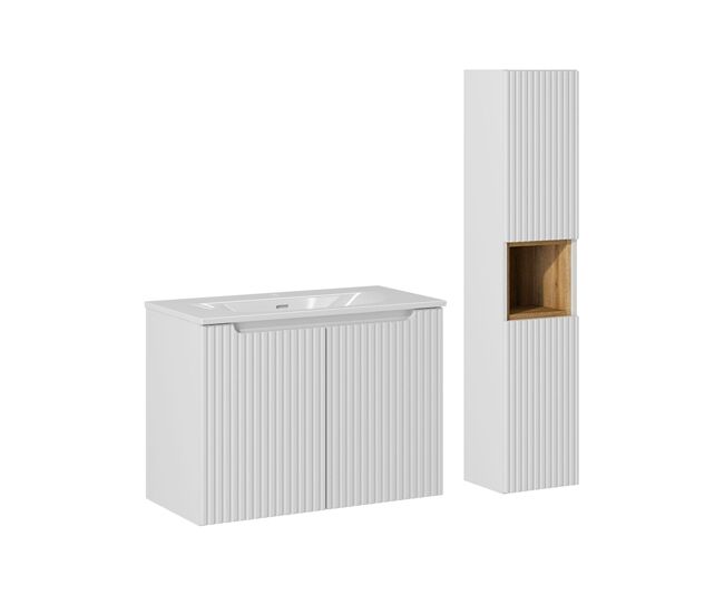 Conjunto de muebles con lavabo individual encastrado 80 cm 2 puertas y columna riva blanco y madera