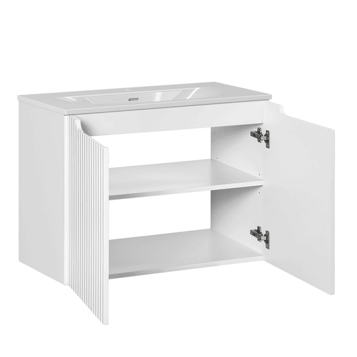 Conjunto móvel lavatório simples 80cm 2 portas e coluna Riva Branco e Madeira