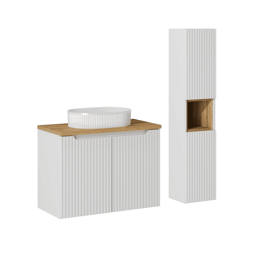 Conjunto móvel lavatório simples 80cm 2 portas e coluna Riva Branco e Madeira
