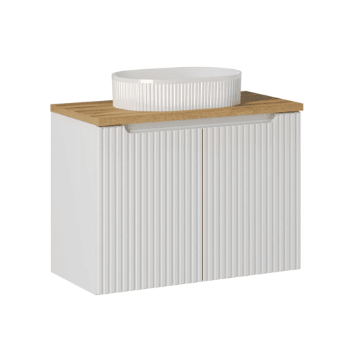 Conjunto móvel lavatório simples 80cm 2 portas e coluna Riva Branco e Madeira