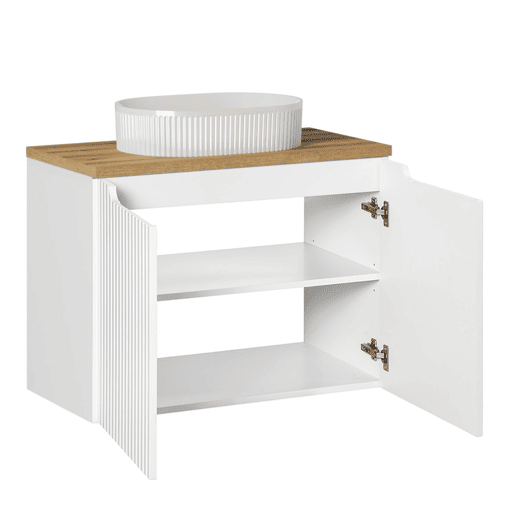 Conjunto móvel lavatório simples 80cm 2 portas e coluna Riva Branco e Madeira