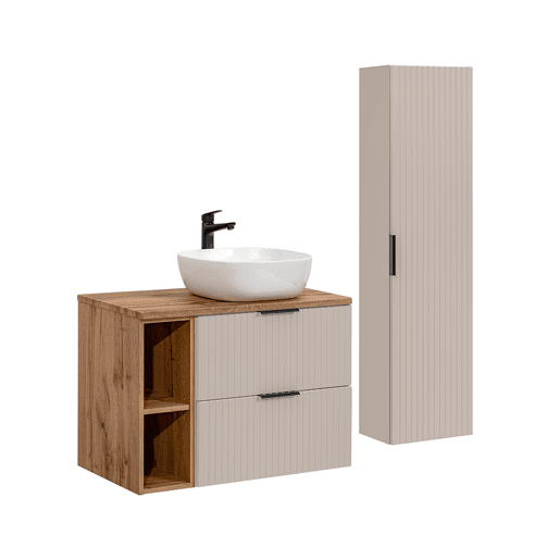 Adriel Móvel de lavatório simples em caxemira e madeira 80cm 2 nichos e pedestal