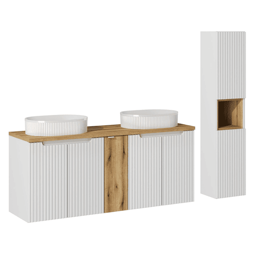 Conjunto móvel duplo lavatório 140cm 5 portas e coluna Riva Branco e Madeira