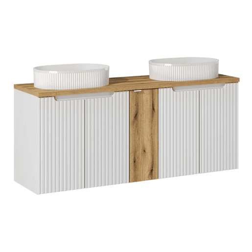 Conjunto móvel duplo lavatório 140cm 5 portas e coluna Riva Branco e Madeira