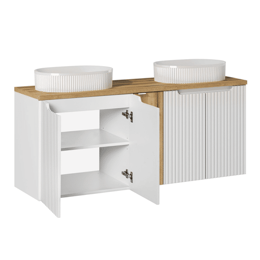Conjunto móvel duplo lavatório 140cm 5 portas e coluna Riva Branco e Madeira