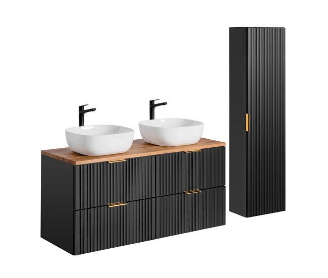 Conjunto de muebles con doble lavabo 120cm y columna adriel negro y madera