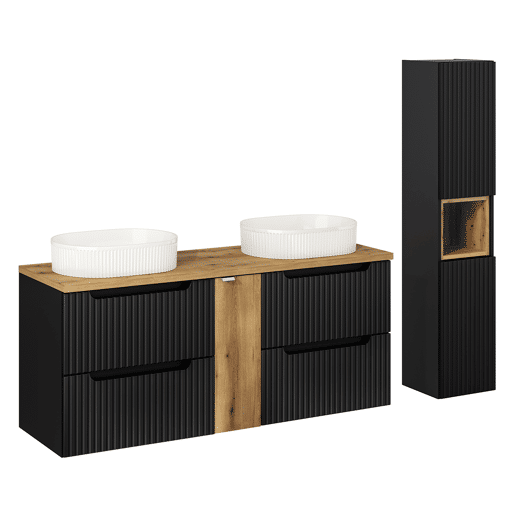 Conjunto móvel lavatório duplo 140cm 4 gavetas coluna Riva Preto e Madeira