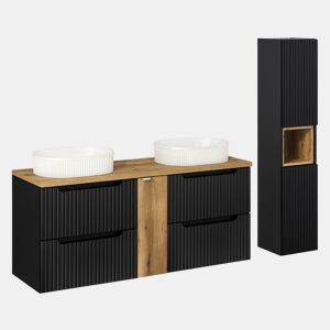 Conjunto móvel lavatório duplo 140cm 4 gavetas coluna Riva Preto e Madeira