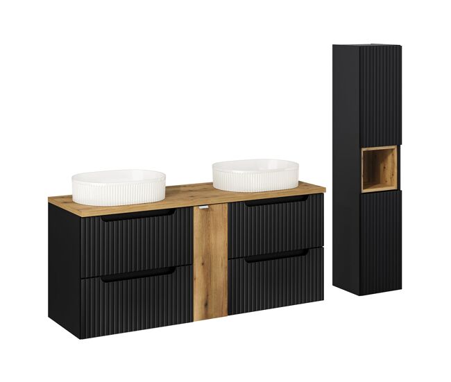 Conjunto de muebles con doble lavabo 140cm 4 cajones y columna riva negro y madera