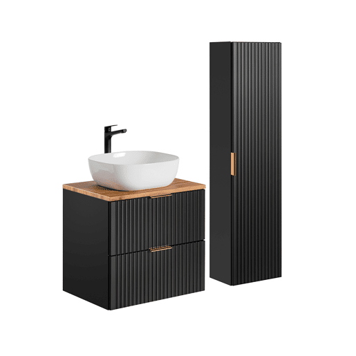 Móvel de lavatório simples 60cm e coluna Adriel Preto e Madeira Móvel de lavatório simples 60cm e coluna Adriel Preto e Madeira