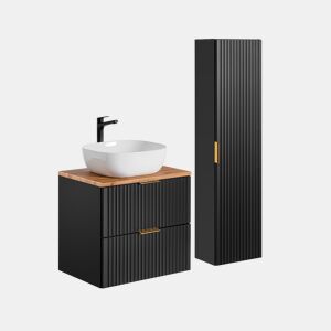 Móvel de lavatório simples 60cm e coluna Adriel Preto e Madeira