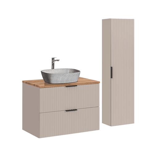 Móvel de lavatório individual de 80 cm e móvel de toucador Adriel Cashmere com efeito madeira e pedra