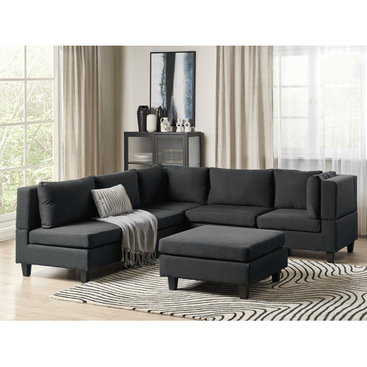 Sofá de canto modular UNSTAD Tecido Preto com repousa-pés 5 lugares à esquerda Sofá de canto modular UNSTAD Tecido Preto com repousa-pés 5 lugares à esquerda