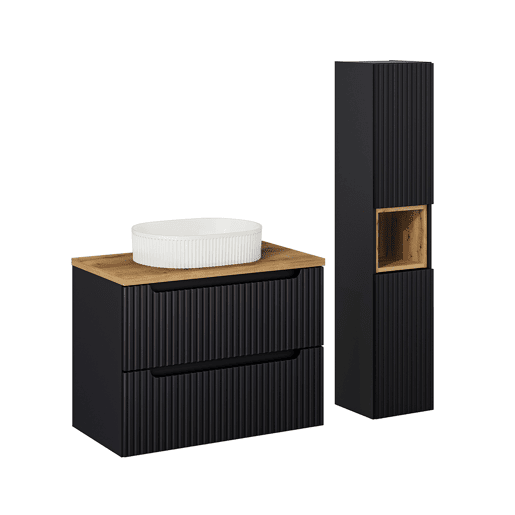 Conjunto móvel de lavatório simples 80cm 2 gavetas e coluna Riva Preto e Madeira