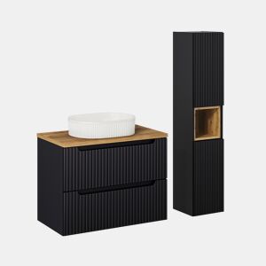 Conjunto móvel de lavatório simples 80cm 2 gavetas e coluna Riva Preto e Madeira