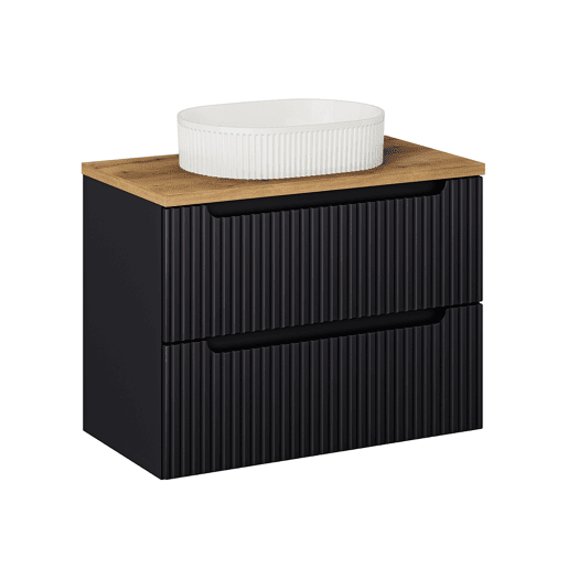 Conjunto móvel de lavatório simples 80cm 2 gavetas e coluna Riva Preto e Madeira