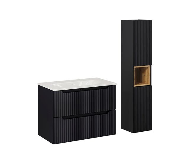 Conjunto de muebles con lavabo individual encastrado 80cm 2 cajones y columna riva negro y madera