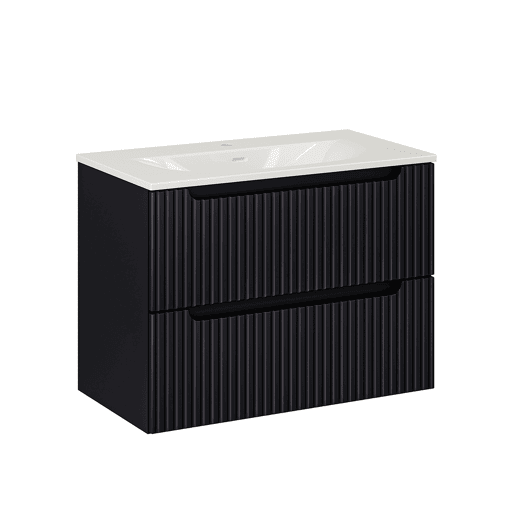 Conjunto móvel lavatório simples encastrado 80cm 2 gavetas coluna Riva Preto e Madeira