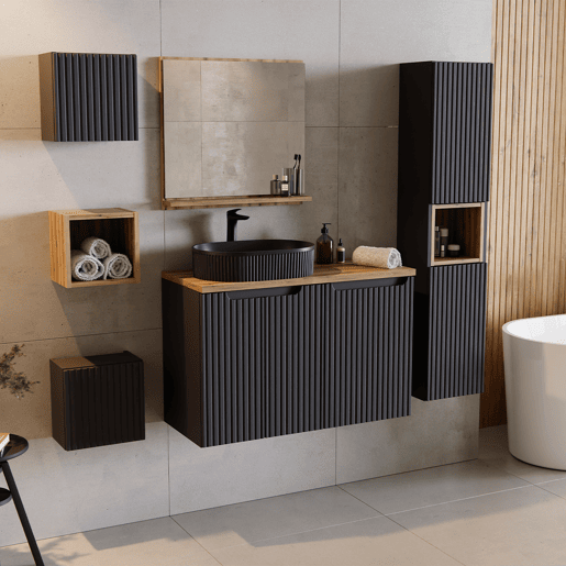 Móvel de lavatório simples 50cm 2 portas Riva Preto e Madeira
