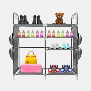 Sapateira modular de metal Nyana Home até 21 pares 95x90x27cm, 4 bolsos laterais, 4 alturas Cinza.
