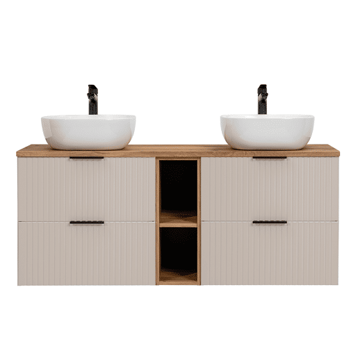 Meuble double vasque 140cm 2 niches Adriel Cachemire et Bois
